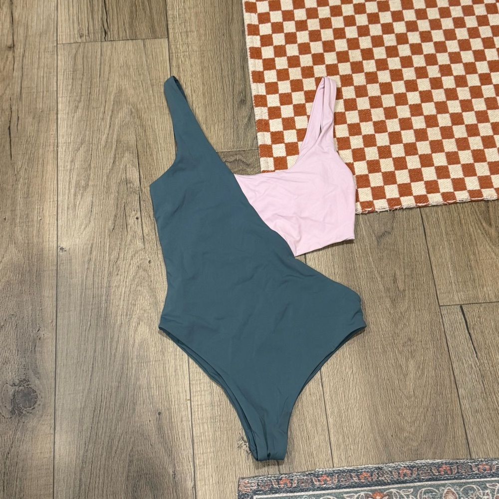 Free People Asymmetrical One-Piece Swimsuit in Pink and Teal